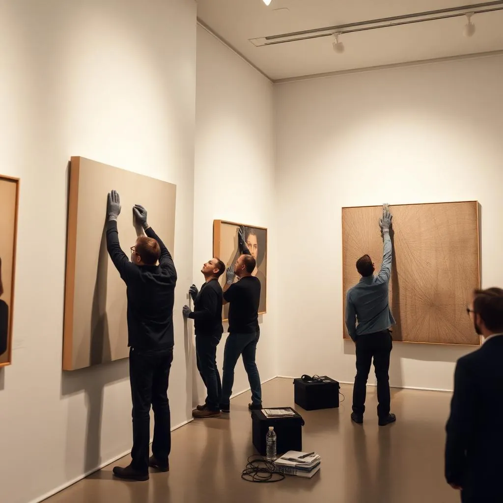 Equipe técnica da Install instalando obras em galeria durante montagem de exposição em São Paulo
