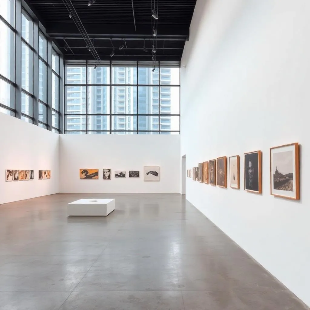 Galeria de arte contemporânea em São Paulo com obras instaladas e arquitetura urbana ao fundo
